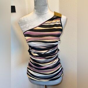 Vintage Y2K Dots Multicolor One-Shoulder Blouse W/ Gold Buckle Detail